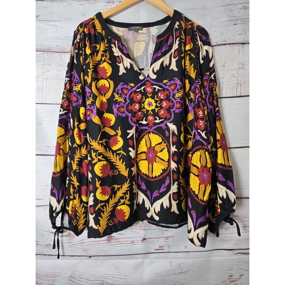 Haute Hippie Womens Top Size 2X Multicolor Mod Floral Print Tie Sleeve Bohemian - Picture 1 of 7